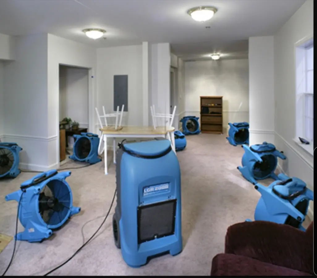 Air movers and dehumidifier setup for Water Damage Restoration in Beltsville